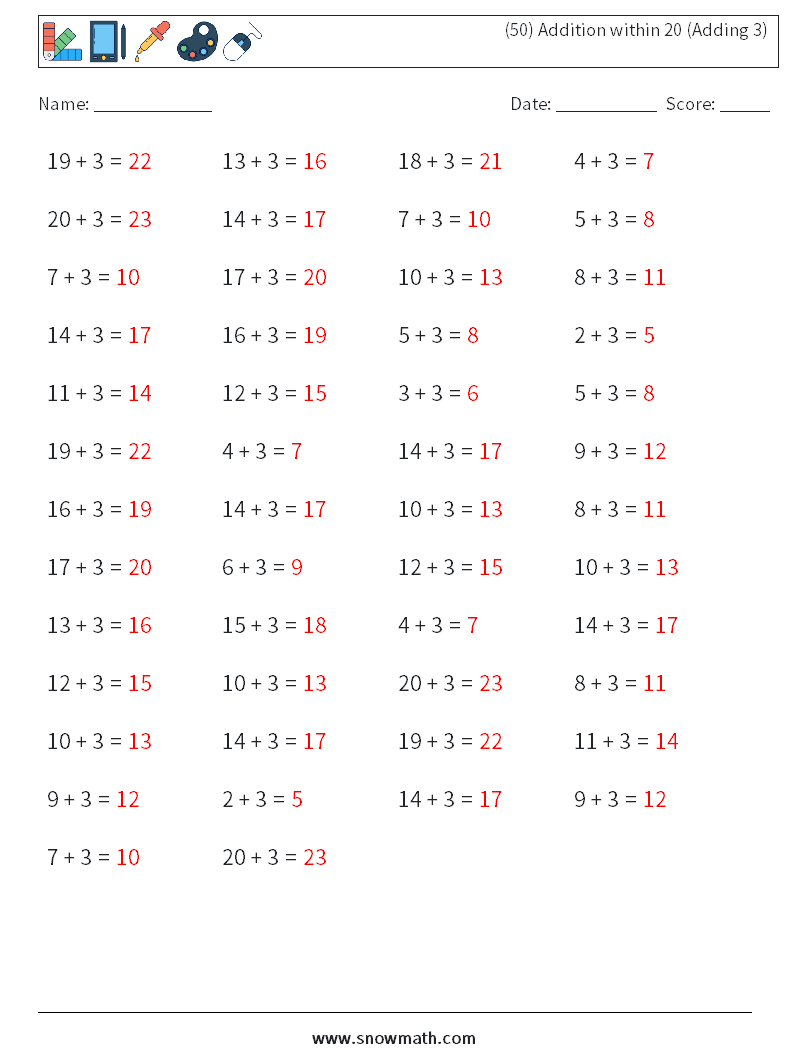 (50) Addition within 20 (Adding 3) Math Worksheets 5 Question, Answer