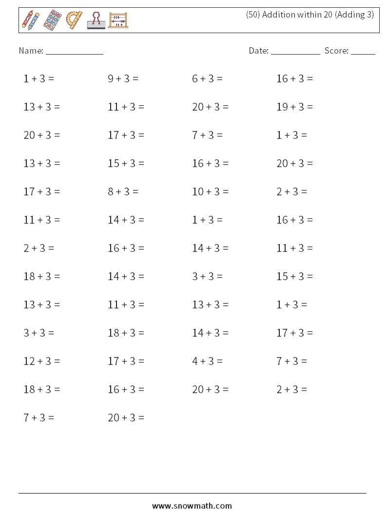 (50) Addition within 20 (Adding 3) Math Worksheets 6