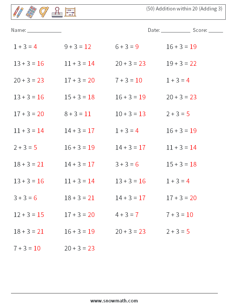 (50) Addition within 20 (Adding 3) Math Worksheets 6 Question, Answer