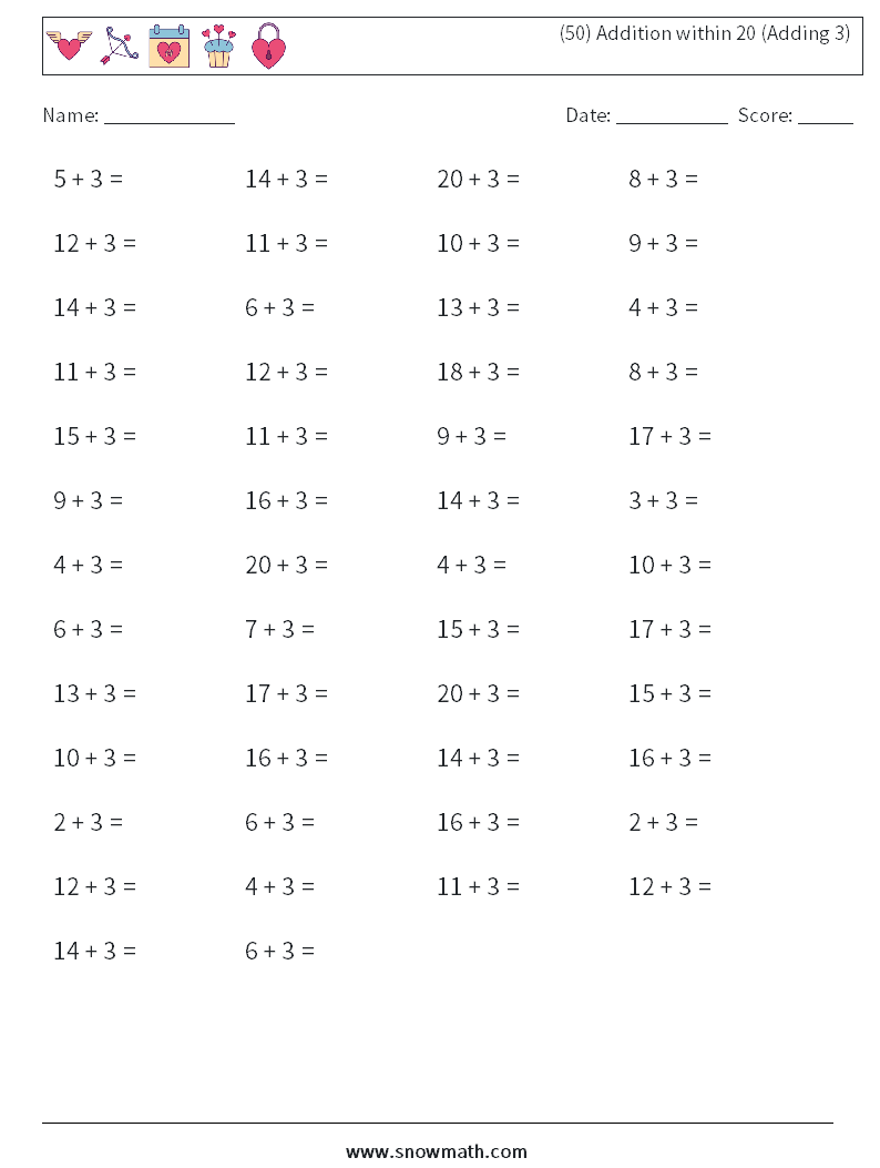 (50) Addition within 20 (Adding 3) Math Worksheets 7