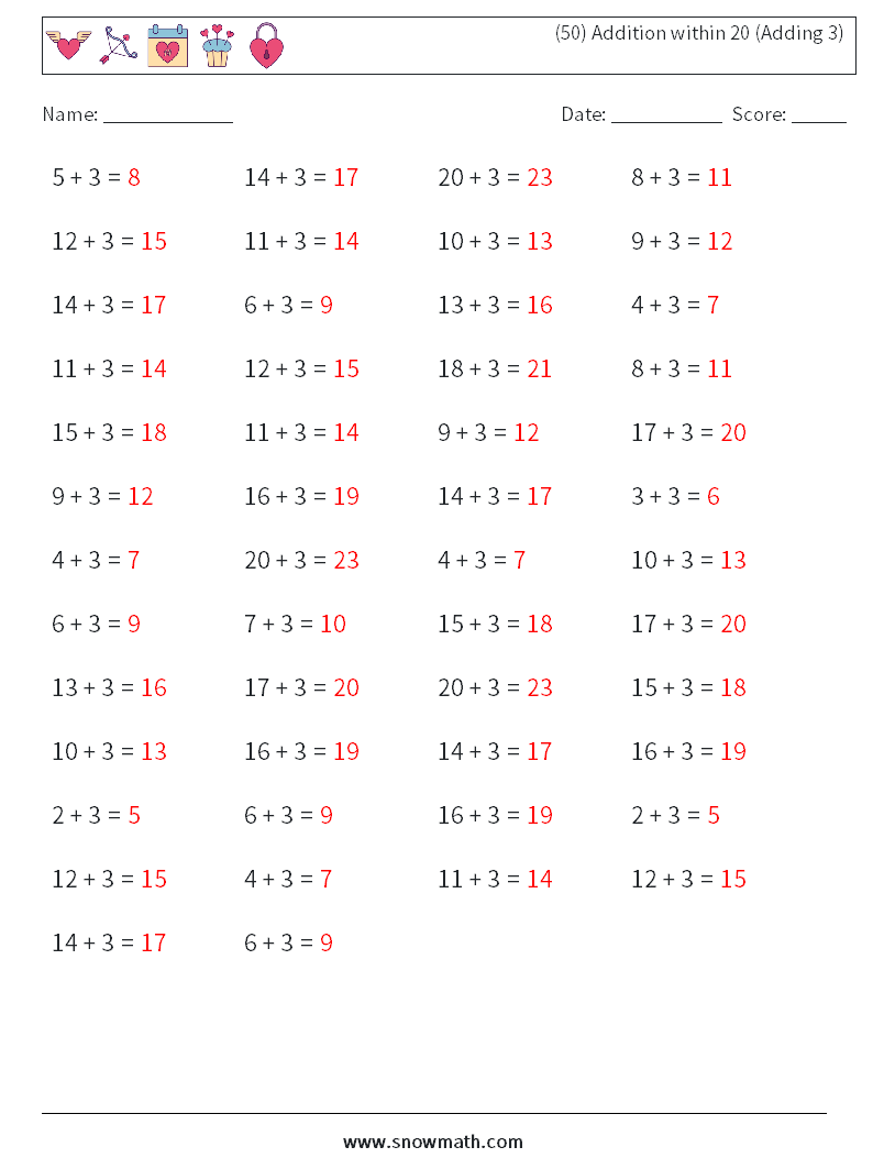 (50) Addition within 20 (Adding 3) Math Worksheets 7 Question, Answer
