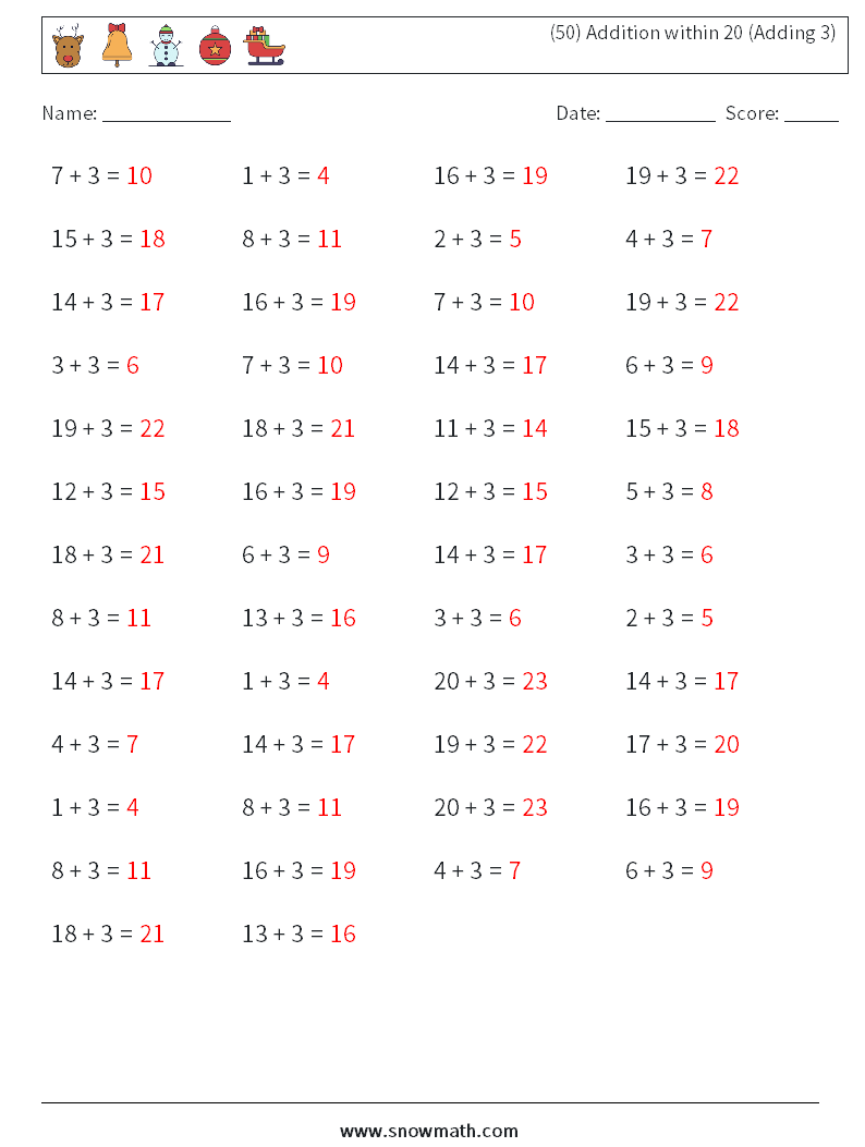 (50) Addition within 20 (Adding 3) Math Worksheets 8 Question, Answer