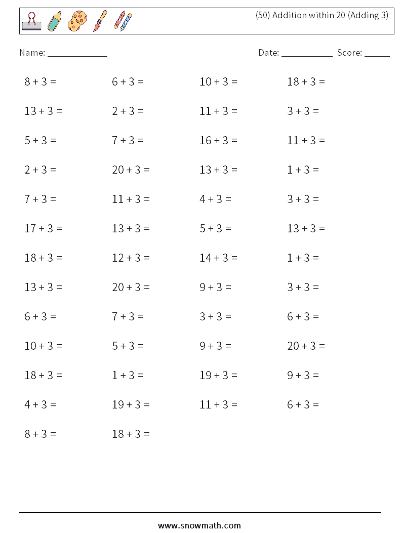 (50) Addition within 20 (Adding 3) Math Worksheets 9