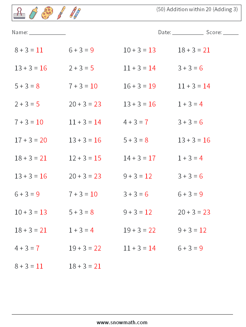 (50) Addition within 20 (Adding 3) Math Worksheets 9 Question, Answer