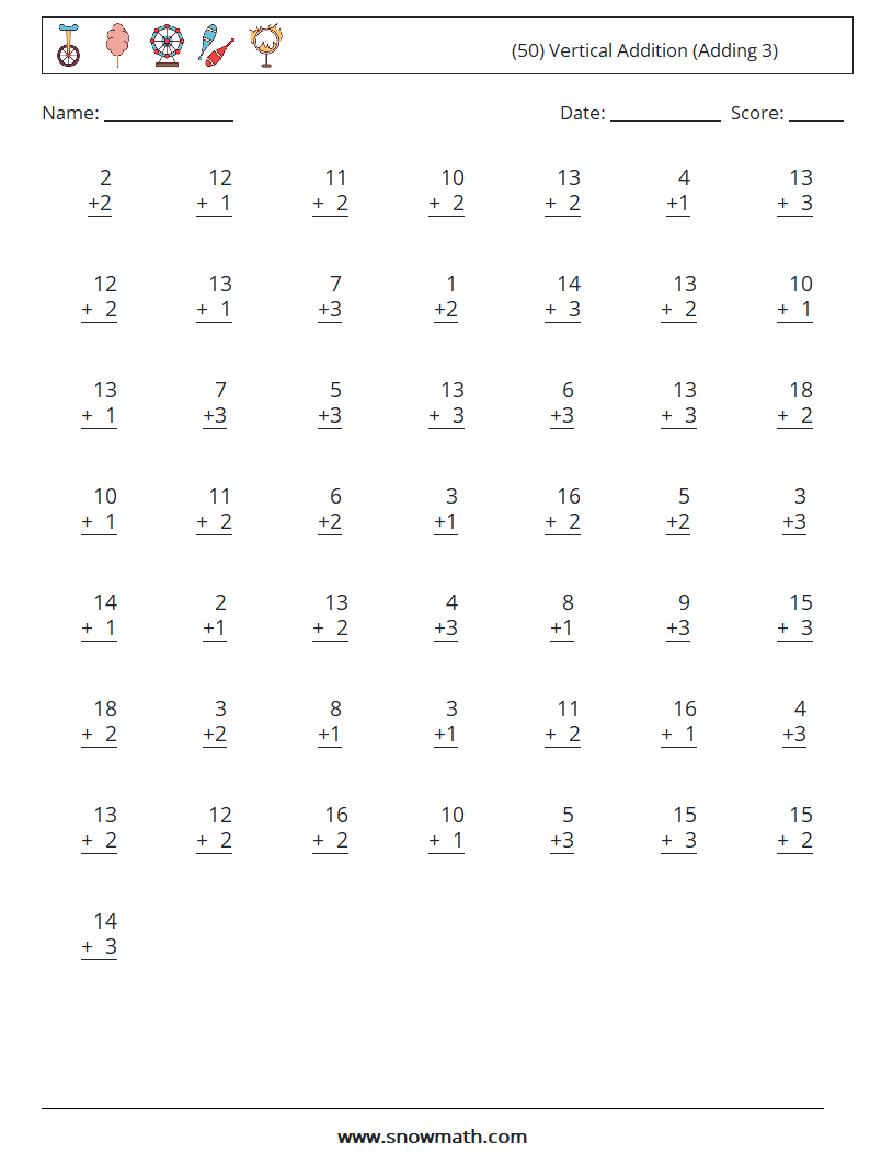 (50) Vertical  Addition (Adding 3) Math Worksheets 1
