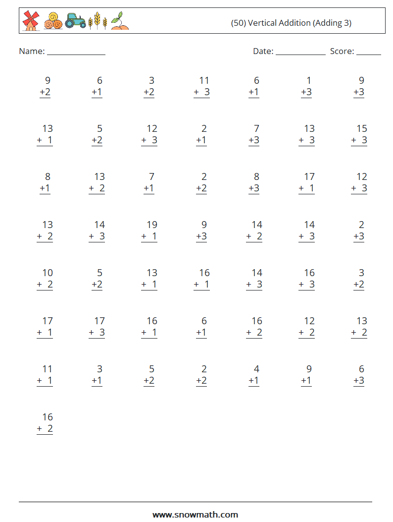 (50) Vertical  Addition (Adding 3) Math Worksheets 10