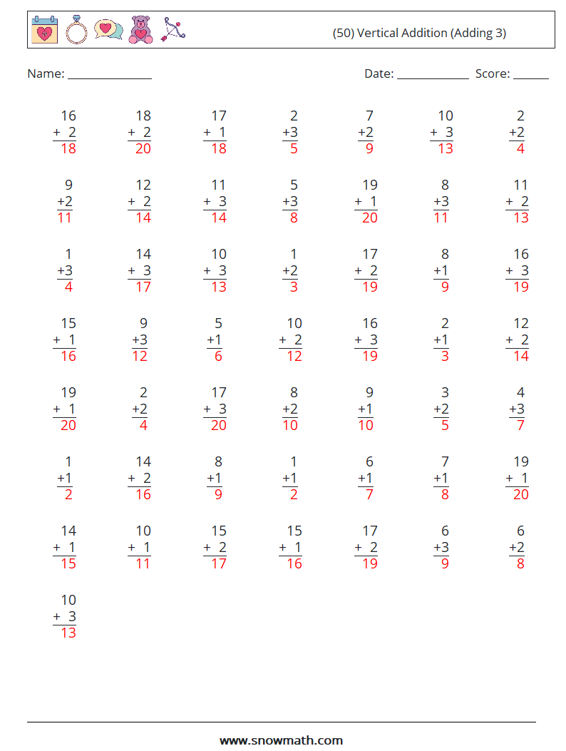 (50) Vertical  Addition (Adding 3) Math Worksheets 11 Question, Answer