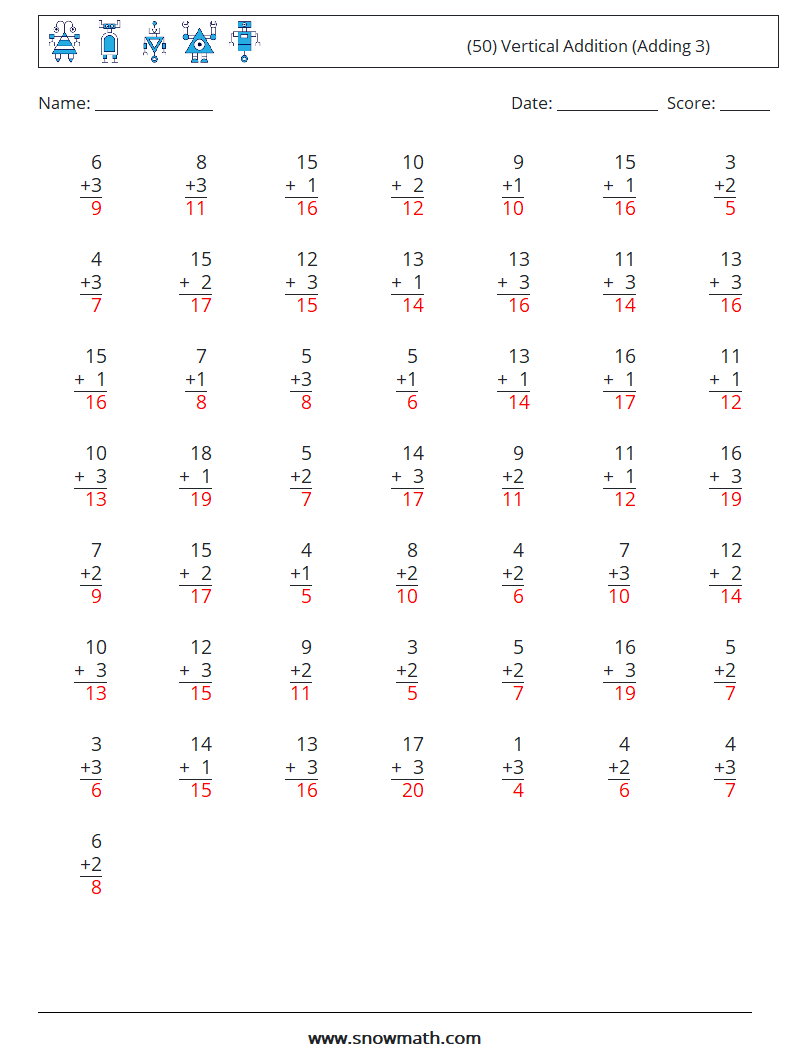 (50) Vertical  Addition (Adding 3) Math Worksheets 12 Question, Answer