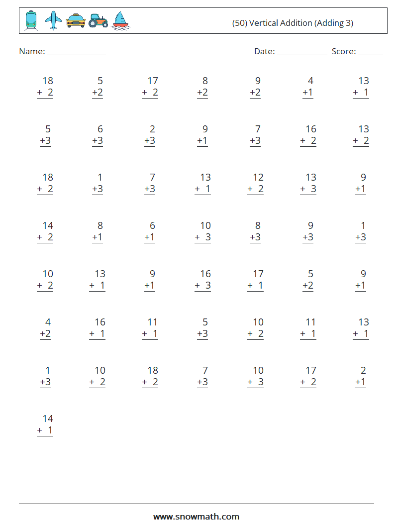 (50) Vertical  Addition (Adding 3) Math Worksheets 13