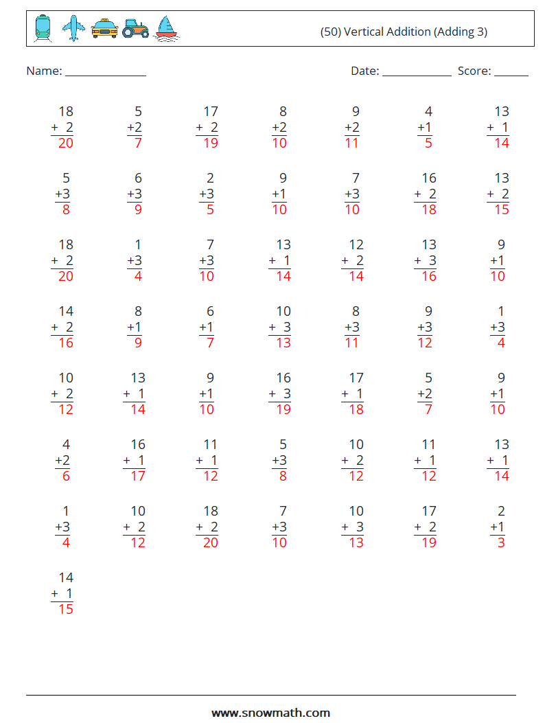 (50) Vertical  Addition (Adding 3) Math Worksheets 13 Question, Answer