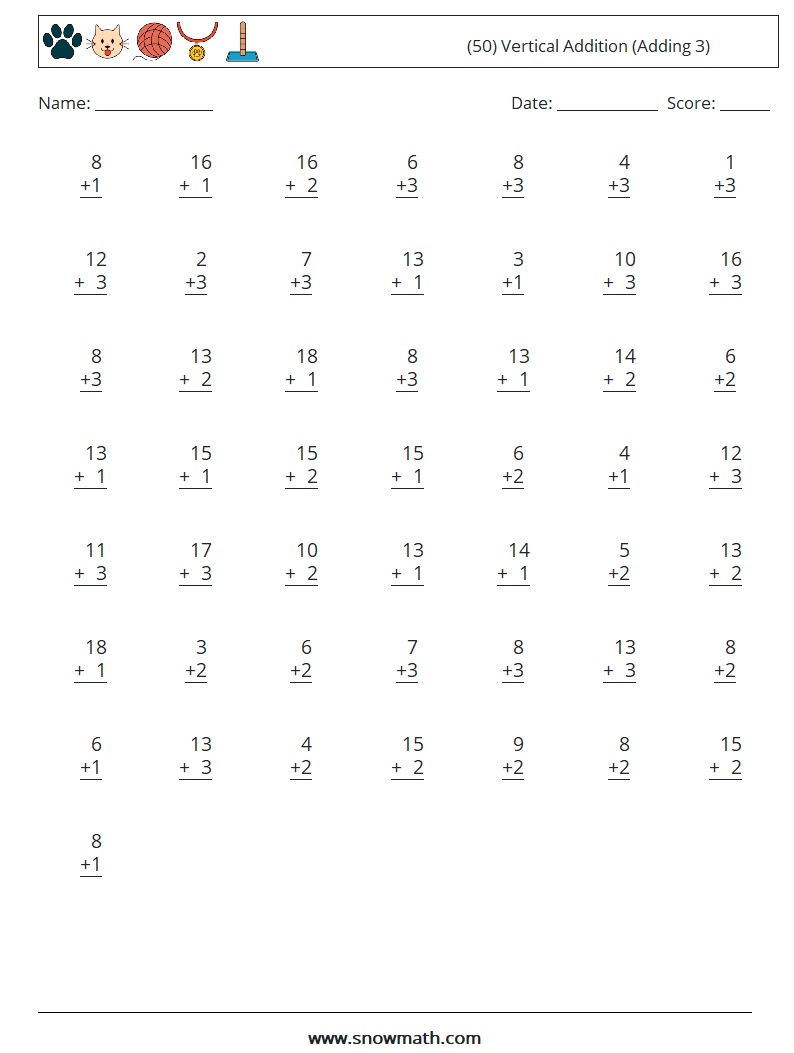 (50) Vertical  Addition (Adding 3) Math Worksheets 14
