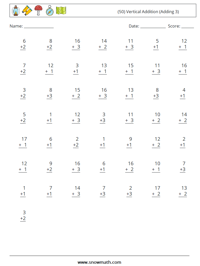 (50) Vertical  Addition (Adding 3) Math Worksheets 15