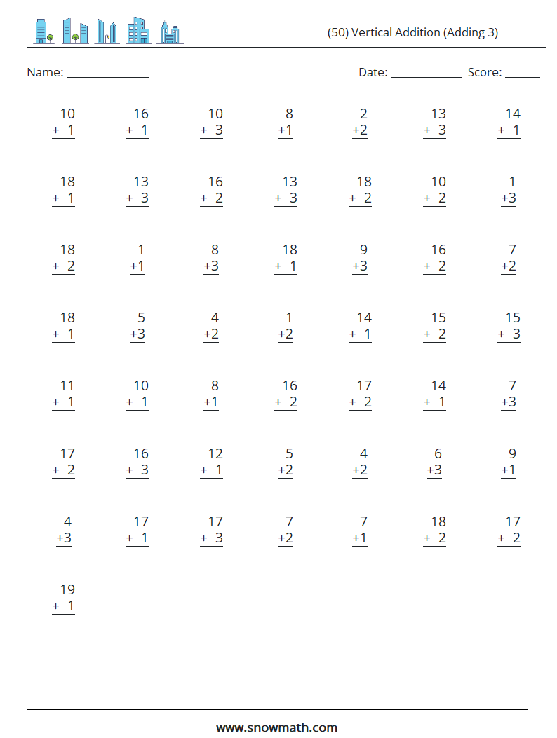 (50) Vertical  Addition (Adding 3) Math Worksheets 16