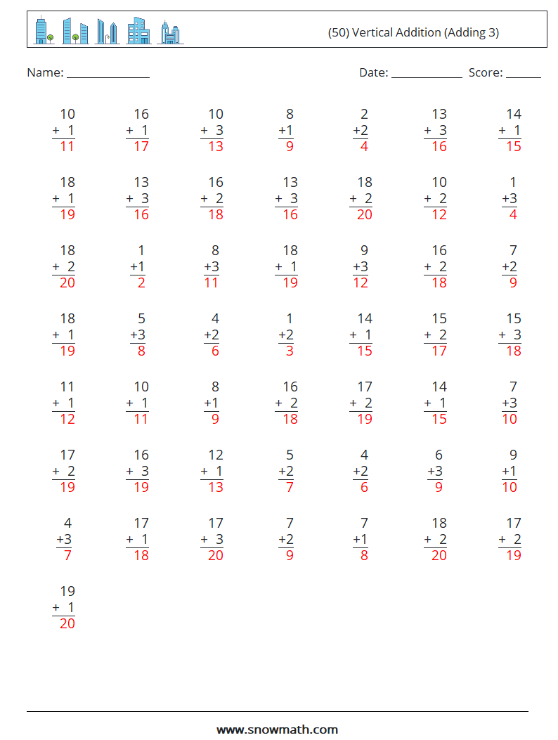 (50) Vertical  Addition (Adding 3) Math Worksheets 16 Question, Answer