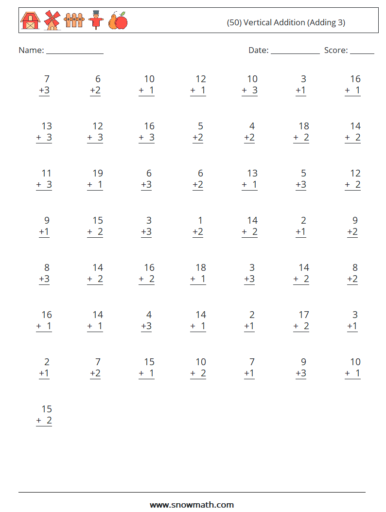 (50) Vertical  Addition (Adding 3) Math Worksheets 17