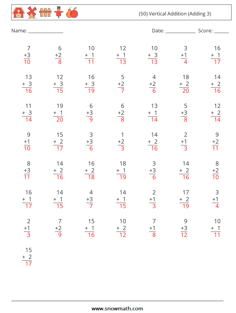 (50) Vertical  Addition (Adding 3) Math Worksheets 17 Question, Answer