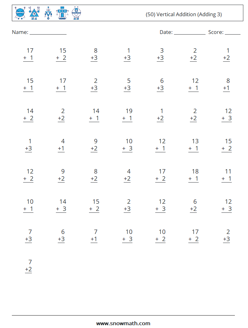 (50) Vertical  Addition (Adding 3) Math Worksheets 18