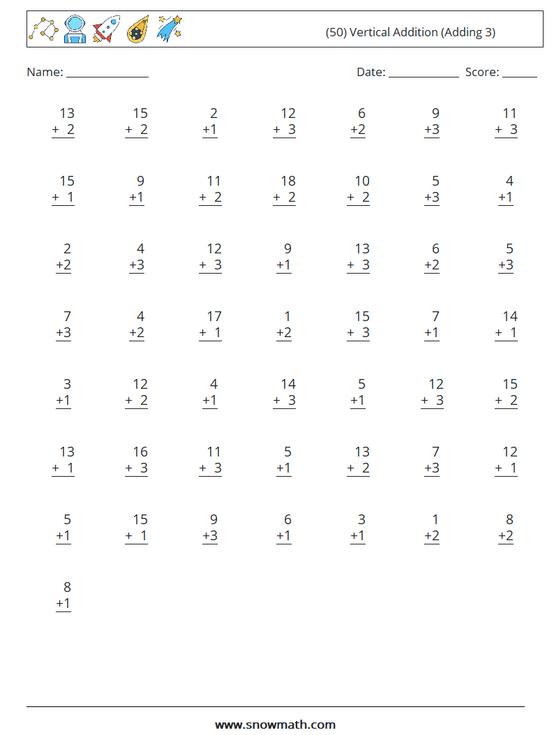 (50) Vertical  Addition (Adding 3) Math Worksheets 2