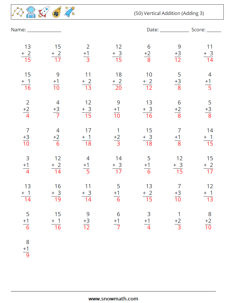 (50) Vertical  Addition (Adding 3) Math Worksheets 2 Question, Answer