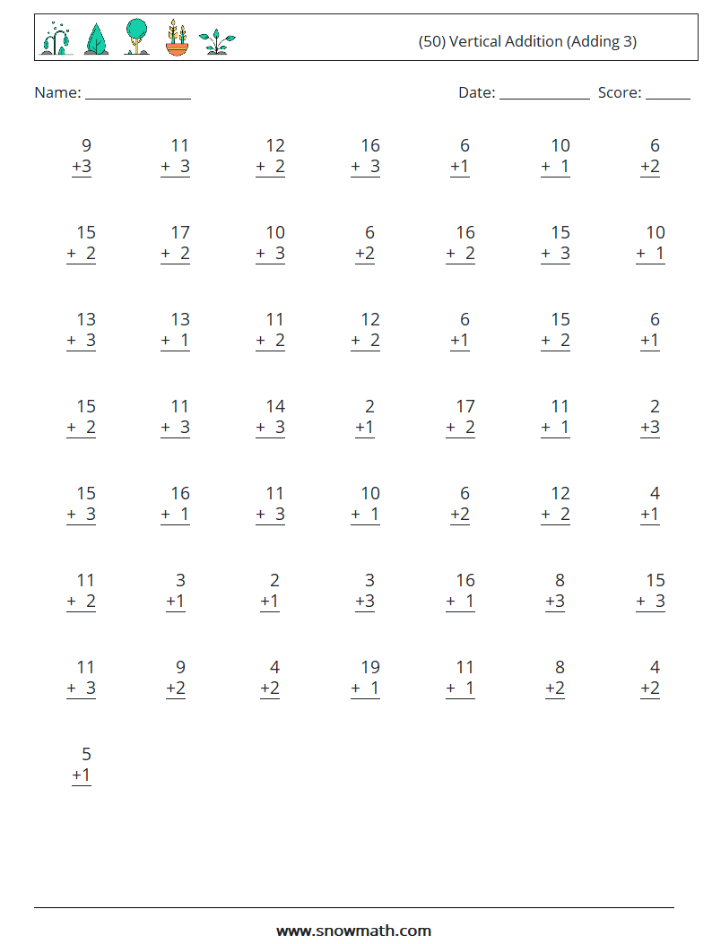 (50) Vertical  Addition (Adding 3) Math Worksheets 3