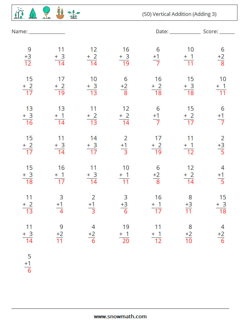 (50) Vertical  Addition (Adding 3) Math Worksheets 3 Question, Answer