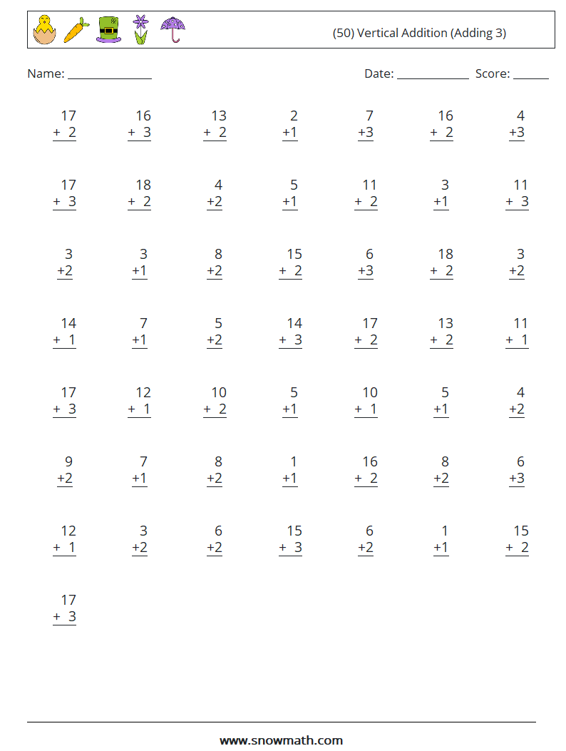 (50) Vertical  Addition (Adding 3) Math Worksheets 4