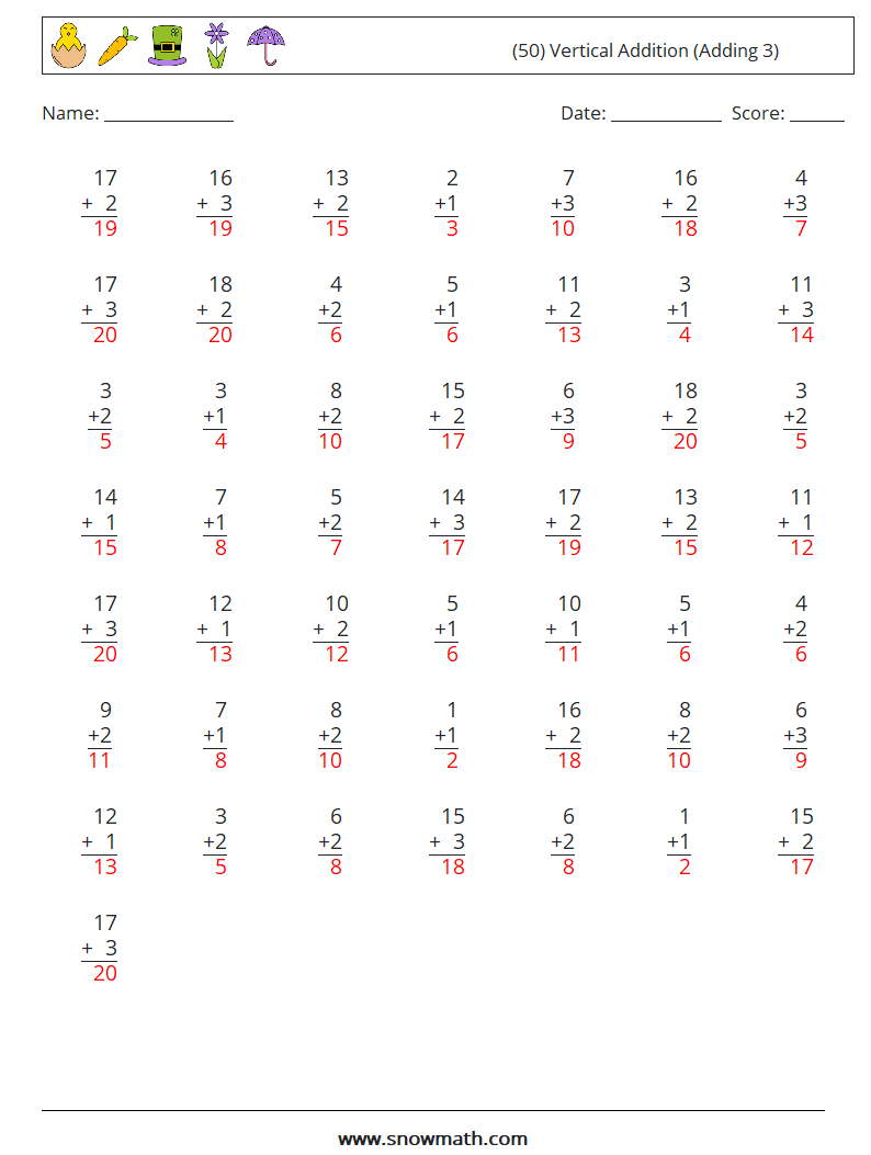 (50) Vertical  Addition (Adding 3) Math Worksheets 4 Question, Answer