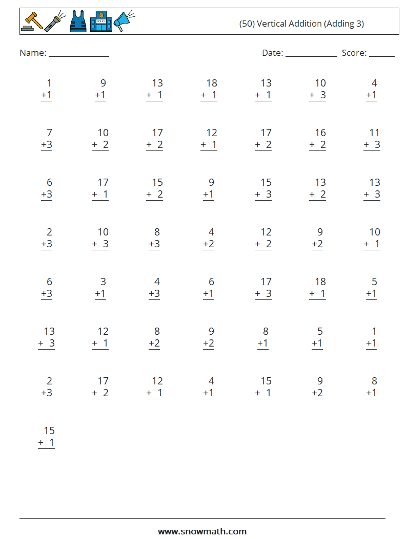 (50) Vertical  Addition (Adding 3) Math Worksheets 5