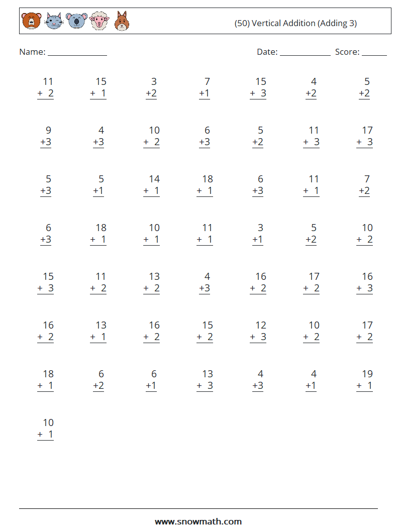 (50) Vertical  Addition (Adding 3) Math Worksheets 7