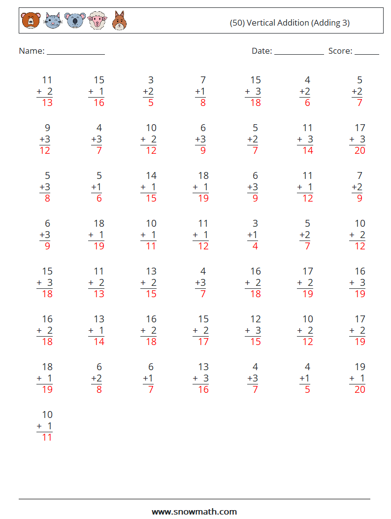 (50) Vertical  Addition (Adding 3) Math Worksheets 7 Question, Answer