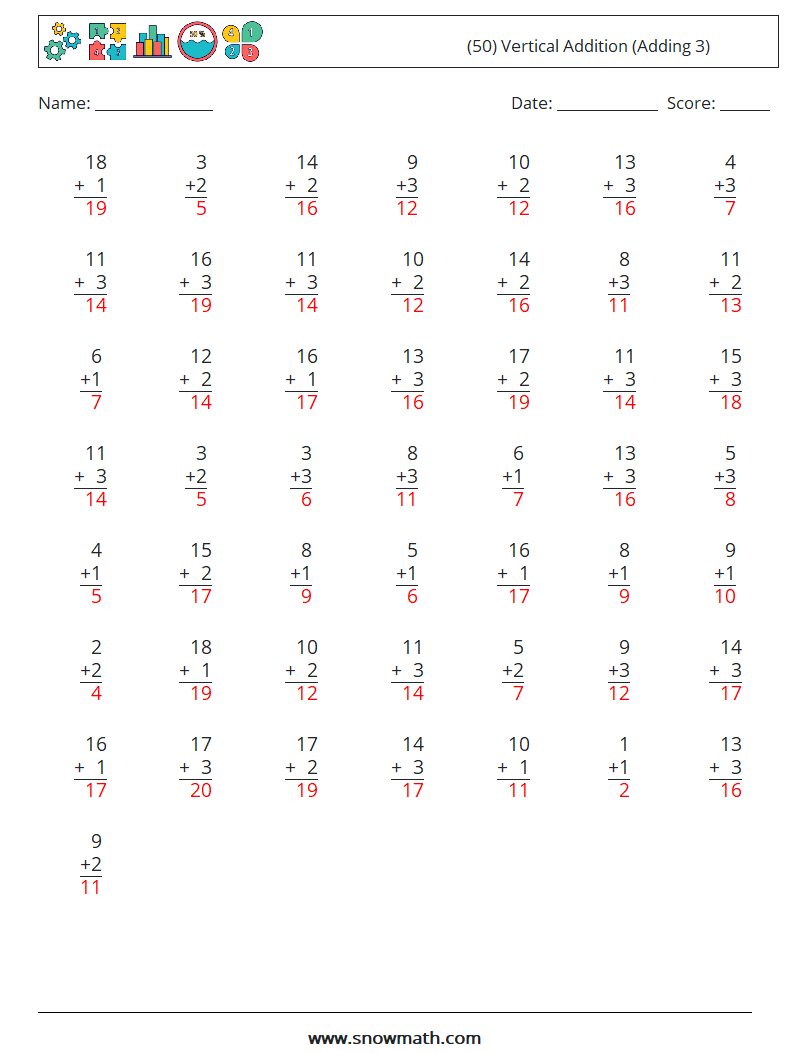 (50) Vertical  Addition (Adding 3) Math Worksheets 8 Question, Answer