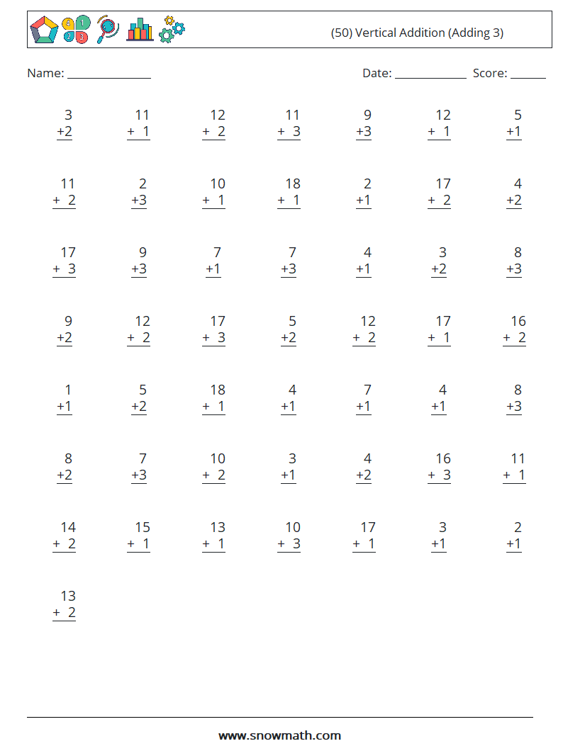 (50) Vertical  Addition (Adding 3) Math Worksheets 9