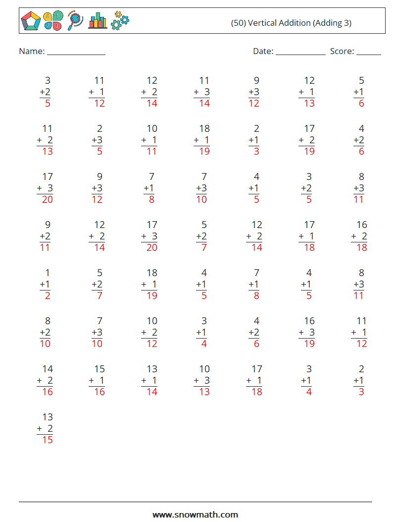 (50) Vertical  Addition (Adding 3) Math Worksheets 9 Question, Answer