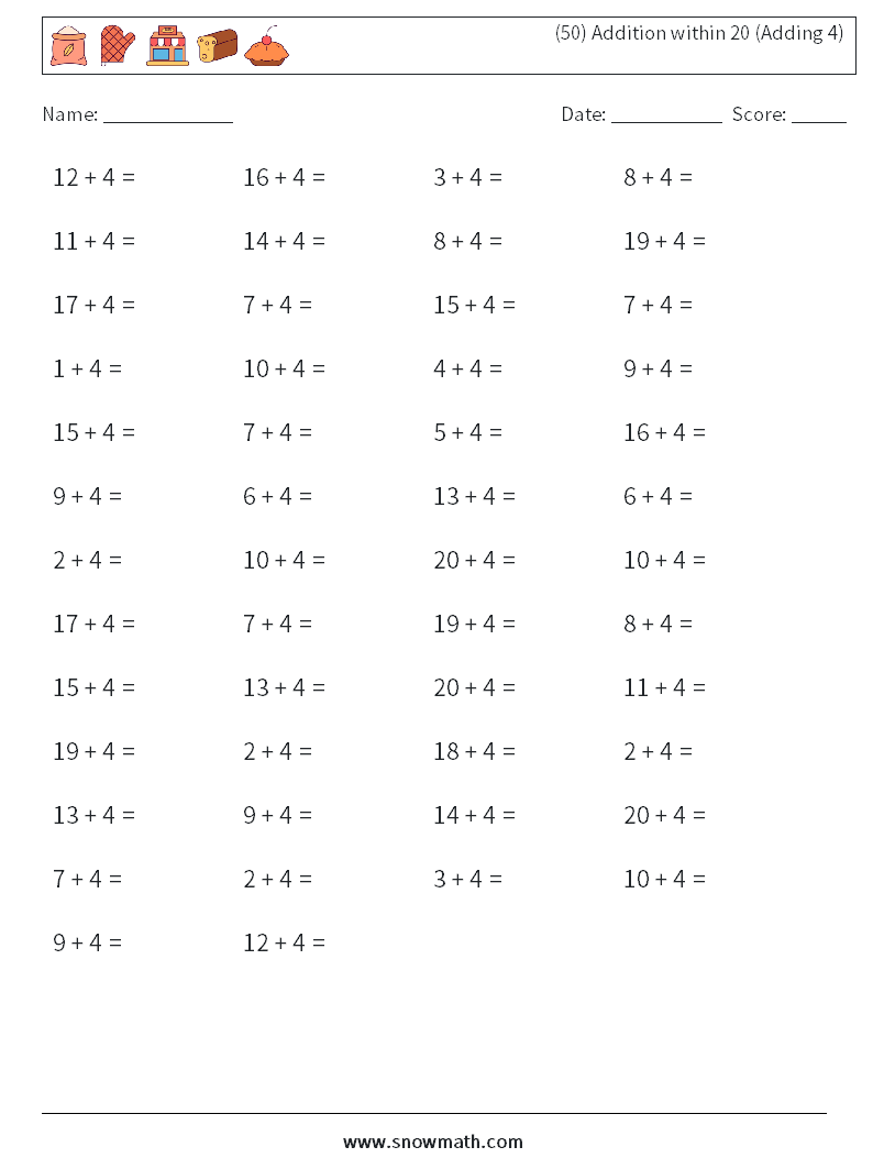 (50) Addition within 20 (Adding 4) Math Worksheets 1