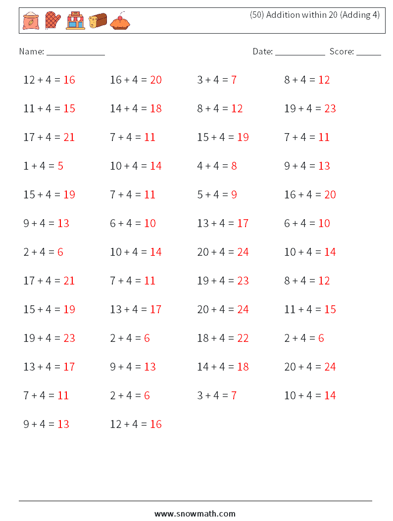 (50) Addition within 20 (Adding 4) Math Worksheets 1 Question, Answer