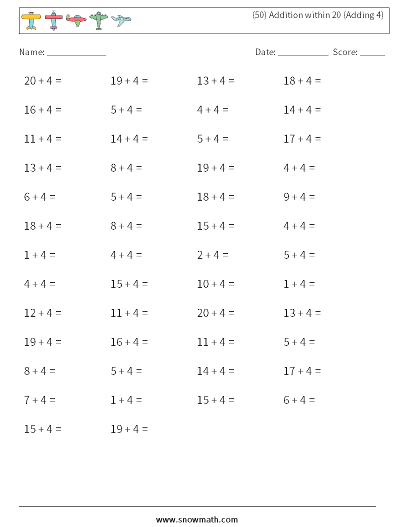 (50) Addition within 20 (Adding 4) Math Worksheets 2