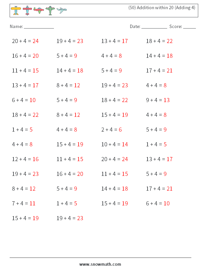 (50) Addition within 20 (Adding 4) Math Worksheets 2 Question, Answer