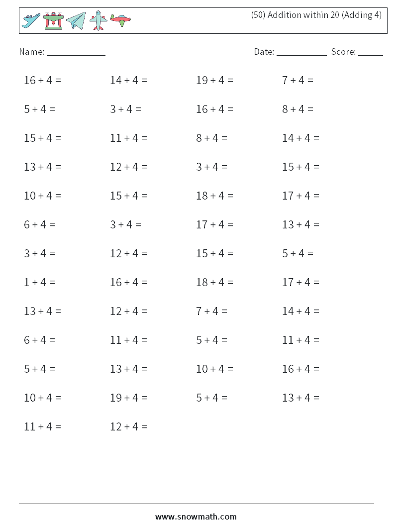 (50) Addition within 20 (Adding 4) Math Worksheets 3