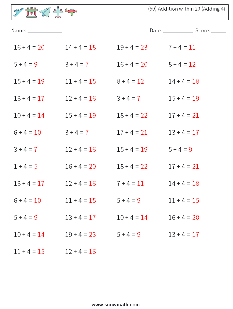 (50) Addition within 20 (Adding 4) Math Worksheets 3 Question, Answer