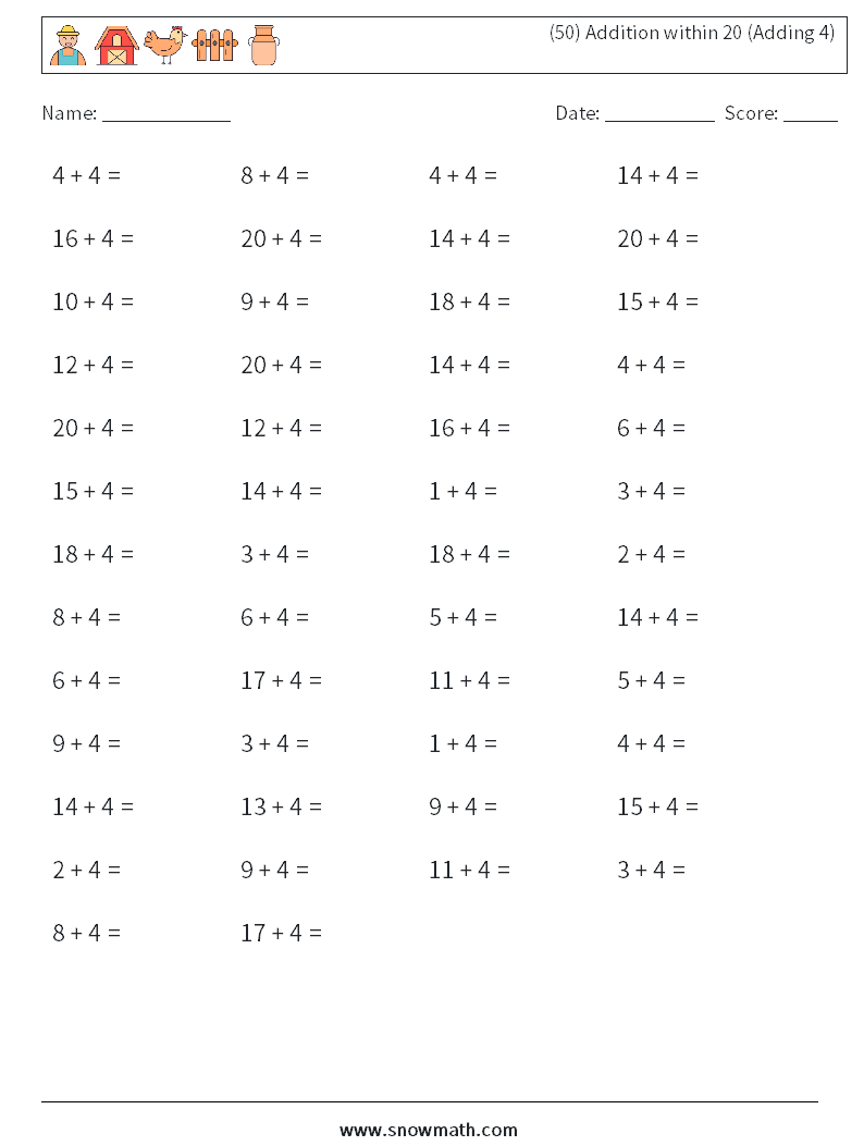 (50) Addition within 20 (Adding 4) Math Worksheets 4