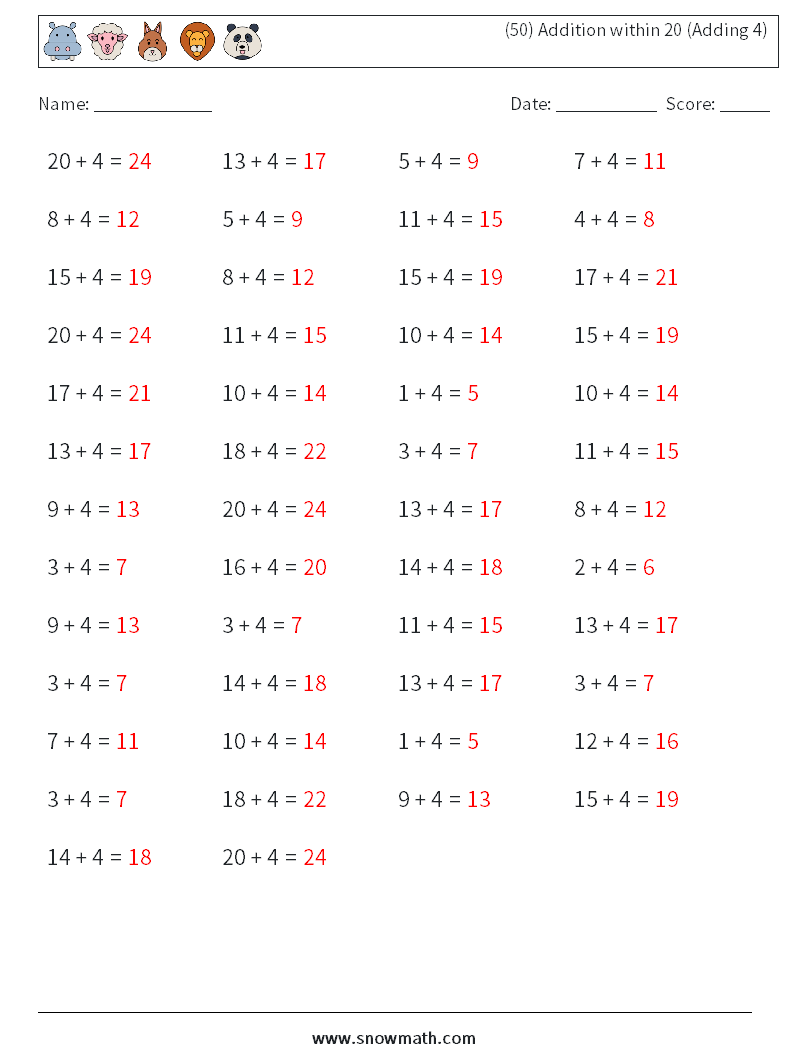 (50) Addition within 20 (Adding 4) Math Worksheets 5 Question, Answer