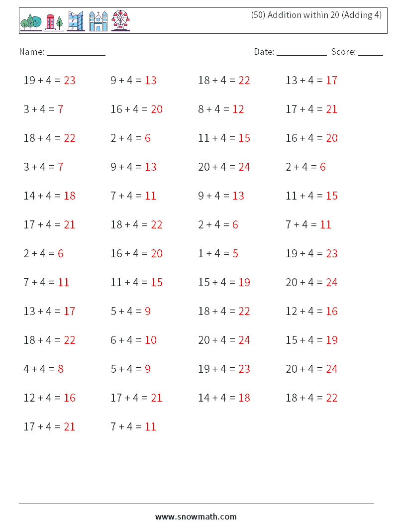 (50) Addition within 20 (Adding 4) Math Worksheets 6 Question, Answer