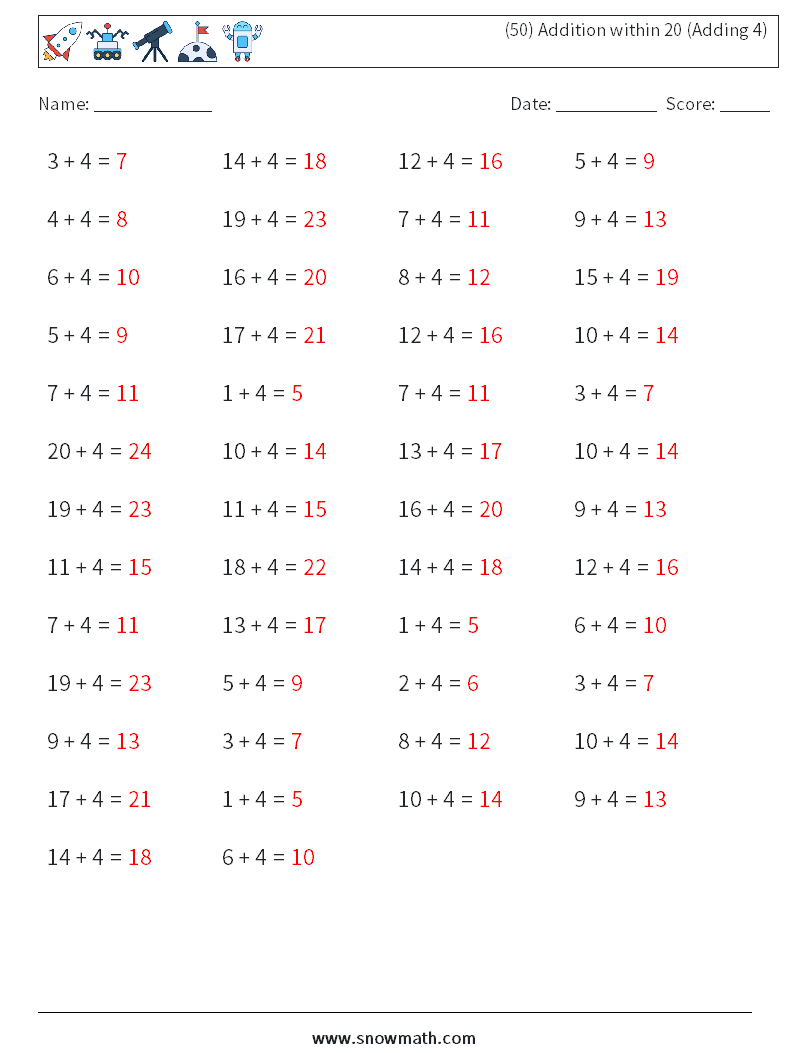 (50) Addition within 20 (Adding 4) Math Worksheets 7 Question, Answer