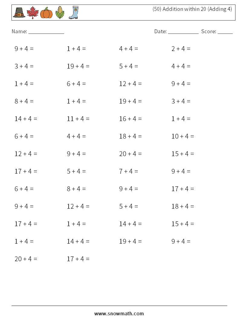 (50) Addition within 20 (Adding 4) Math Worksheets 8