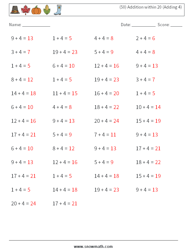 (50) Addition within 20 (Adding 4) Math Worksheets 8 Question, Answer