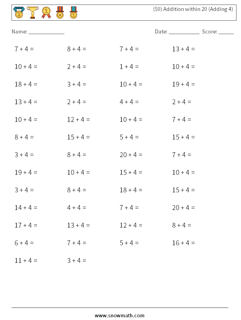 (50) Addition within 20 (Adding 4) Math Worksheets 9