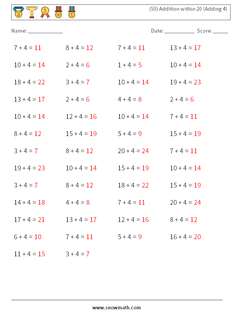 (50) Addition within 20 (Adding 4) Math Worksheets 9 Question, Answer