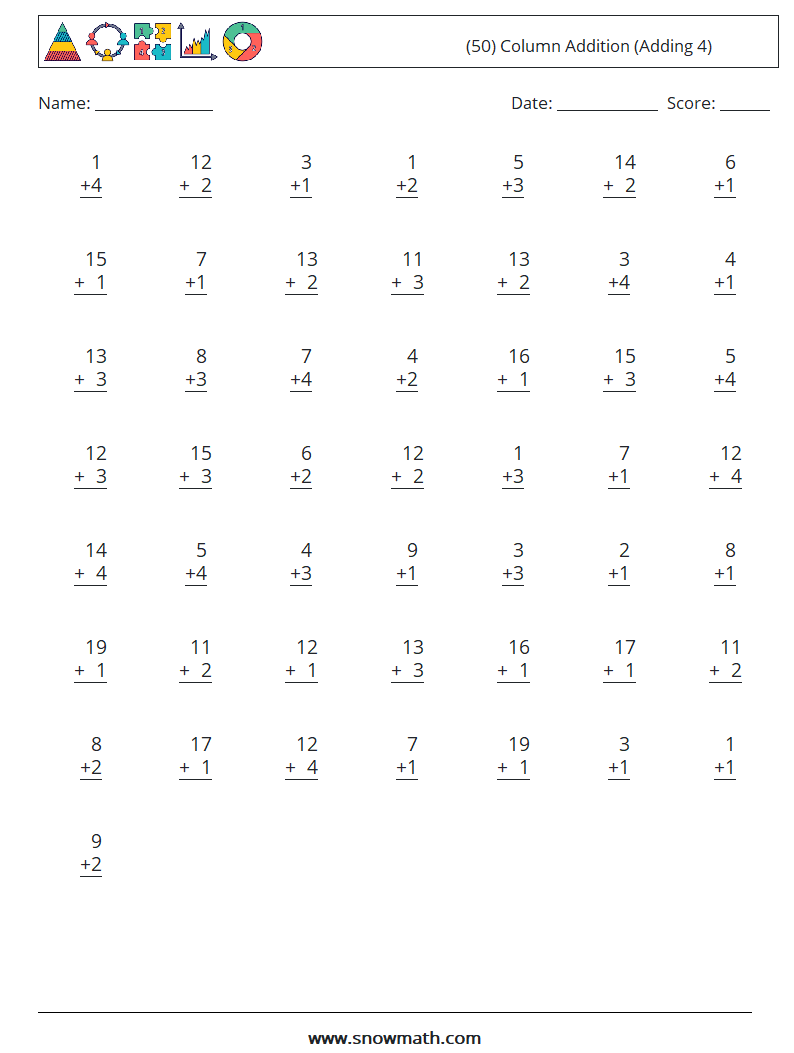 (50) Column Addition (Adding 4) Math Worksheets 1