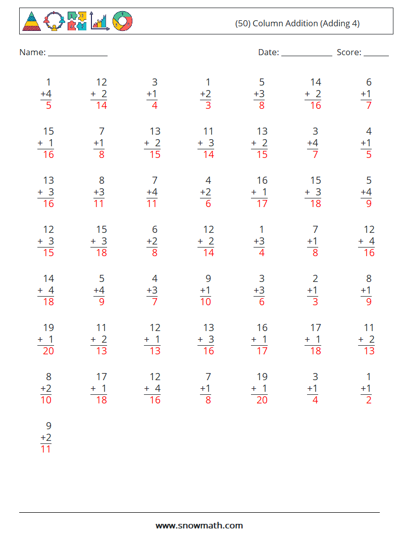 (50) Column Addition (Adding 4) Math Worksheets 1 Question, Answer