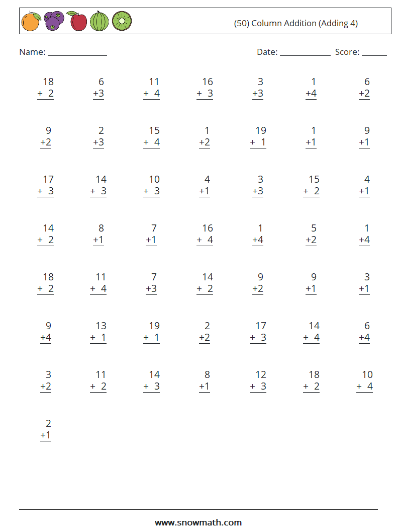 (50) Column Addition (Adding 4) Math Worksheets 2